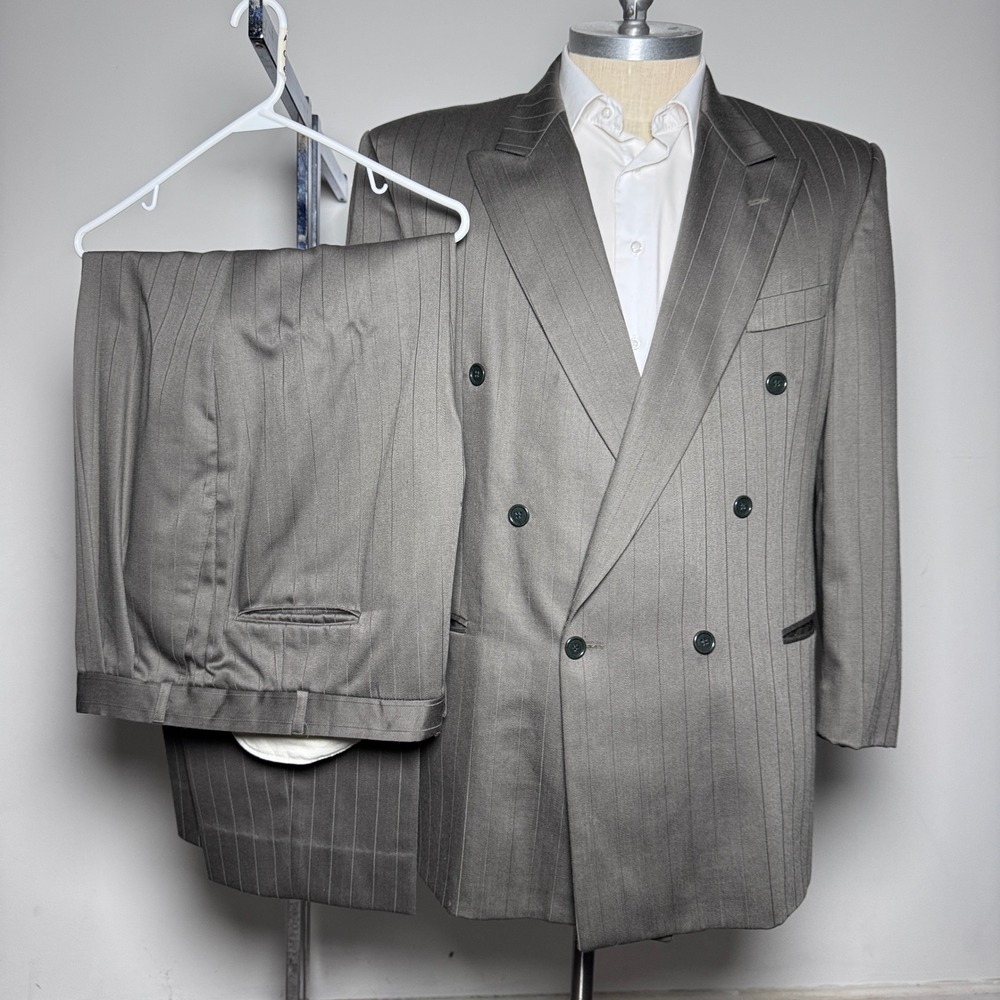 Marco Cellini Suit Mens 44L 38W Brown Pinstripe Double Breasted Peak Lapel Wool